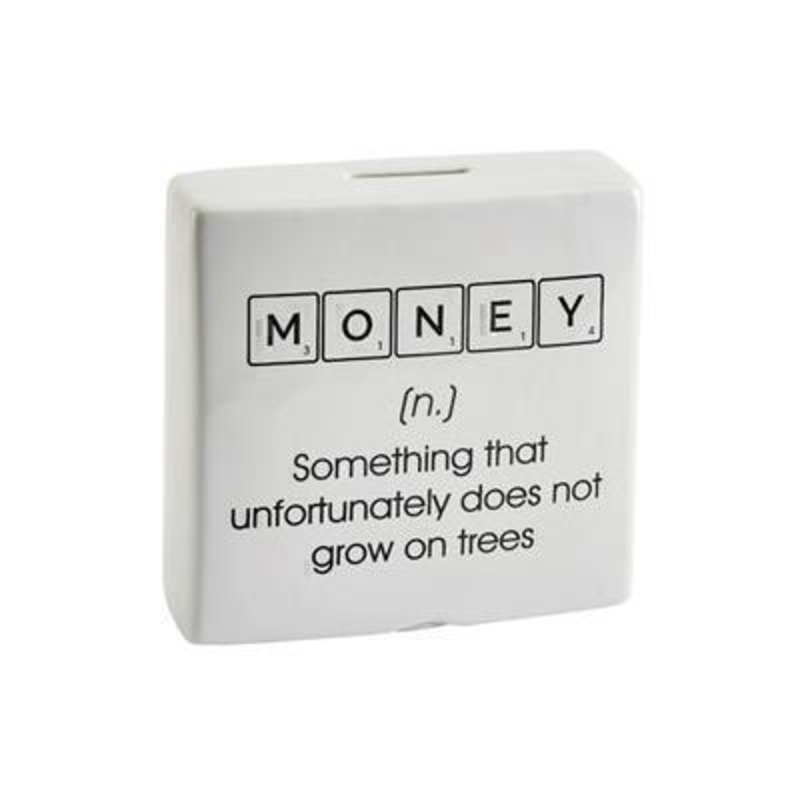 This choice of money boxes have a Scrabble themed print of either Poor or Money followed by a sarcastic dictionary definition sure to make anyone giggle designed by Transomnia